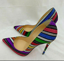Load image into Gallery viewer, Rainbow glitter stripe point toe heels
