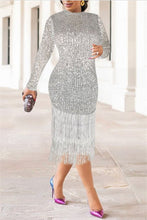 Load image into Gallery viewer, Tassels Hem Long Sleeve Sequined Dress
