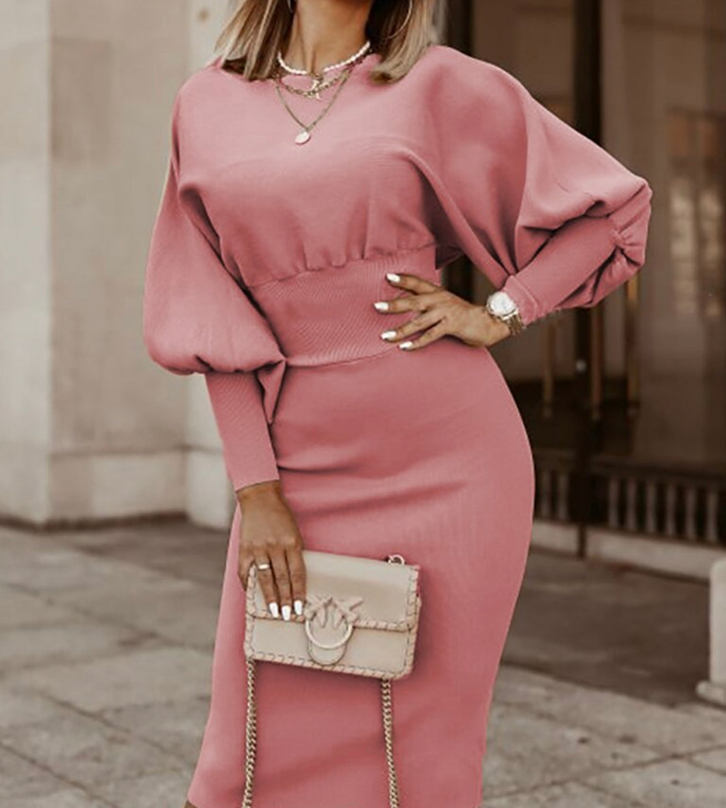 Solid Color Lantern Sleeve Dress