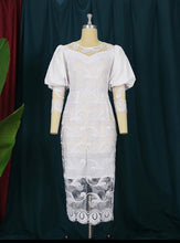 Load image into Gallery viewer, Elegant Women White Puff Sleeve Embroidery Pencil Dress
