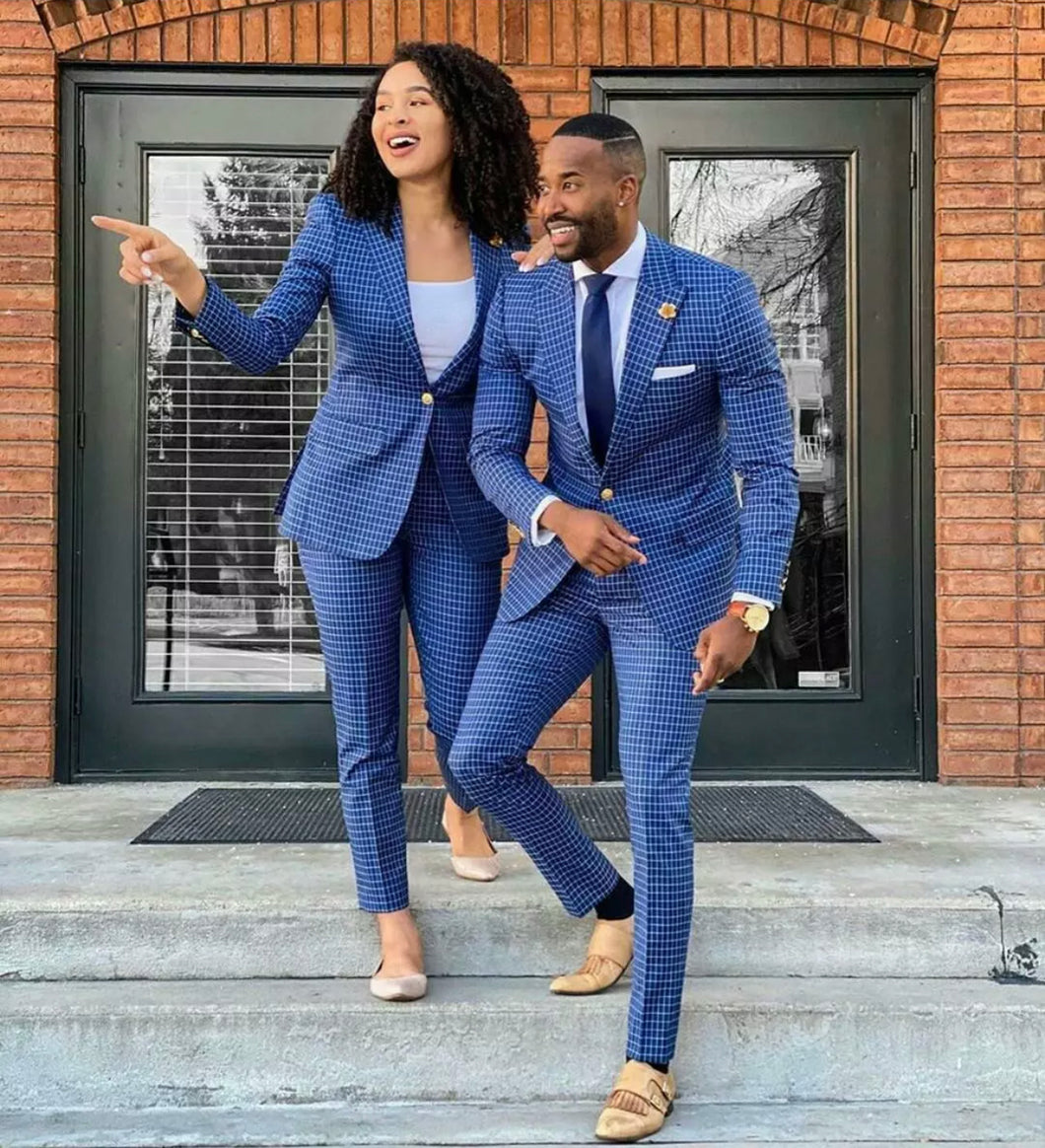 Blue Plaid Men Suits Peak Lapel Office Tuxedos