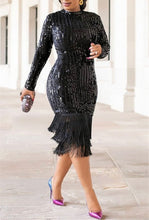 Load image into Gallery viewer, Tassels Hem Long Sleeve Sequined Dress

