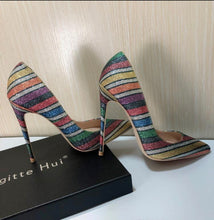 Load image into Gallery viewer, Rainbow glitter stripe point toe heels
