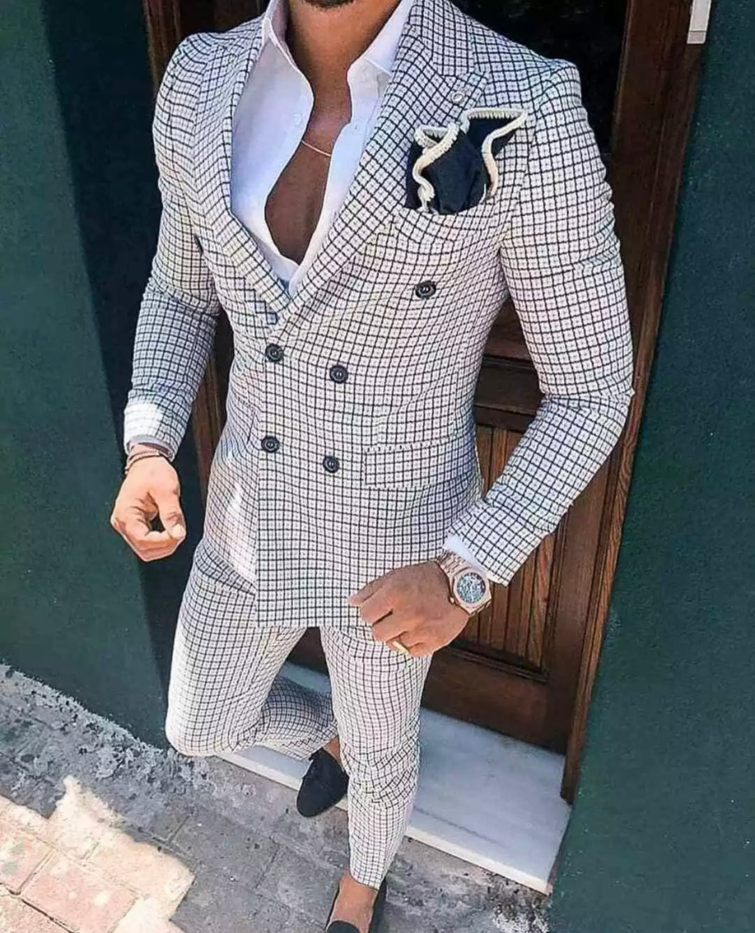 Plaid Coat Jacket Pants Man Suits Wedding Peak Lapel Double Breasted Tuxedos