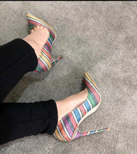 Load image into Gallery viewer, Rainbow glitter stripe point toe heels
