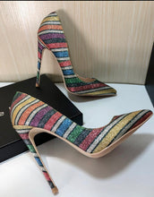 Load image into Gallery viewer, Rainbow glitter stripe point toe heels
