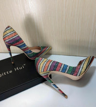 Load image into Gallery viewer, Rainbow glitter stripe point toe heels
