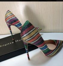 Load image into Gallery viewer, Rainbow glitter stripe point toe heels
